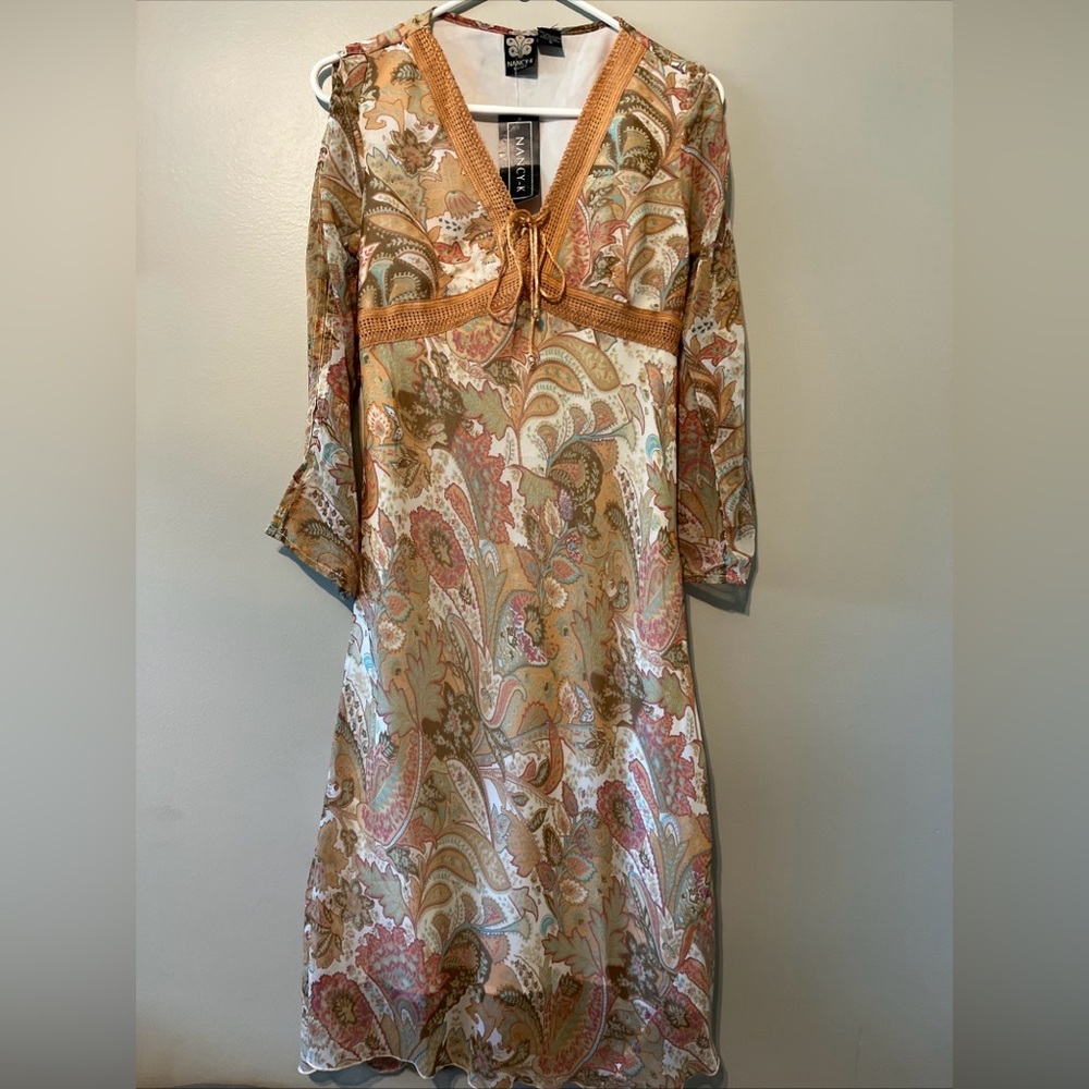 New! NWT! Vintage Nancy K Boho Peasant Paisley Midi Dress Long Sleeve Pink Small